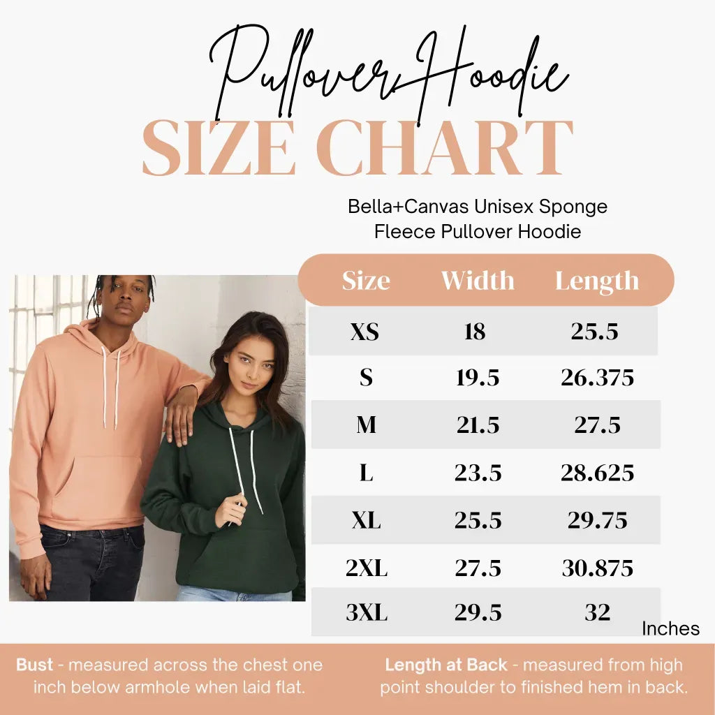 Size chart for the Destroy the Patriarchy Hoodie, showing width and length measurements in inches for sizes XS through 3XL, pictured with a man in a pink sweatshirt and a woman in a dark green hoodie.