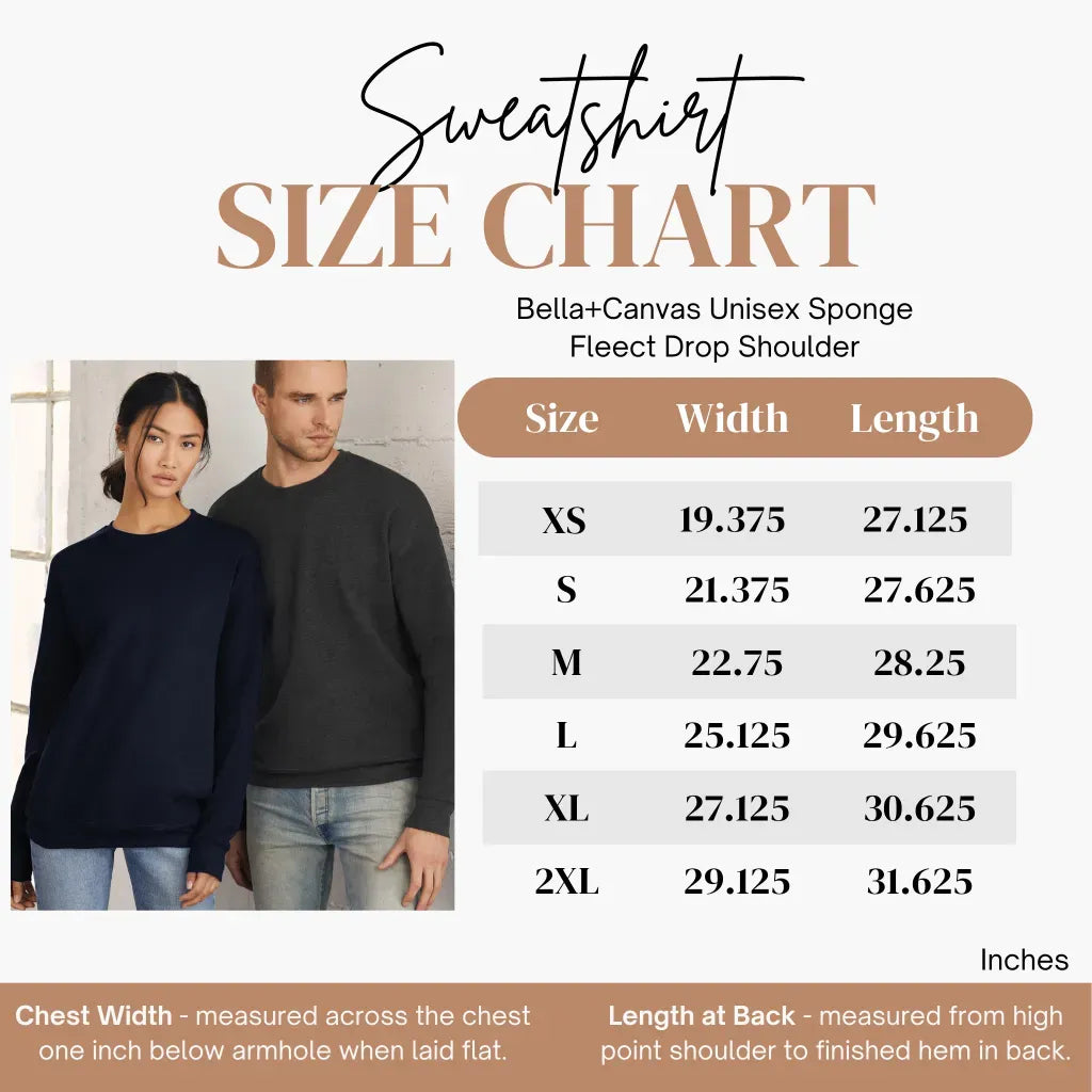 Size chart for the Policy & Change Crew Sweatshirt, showing width and length in inches for sizes XS through 2XL, with a photo of a man and woman modeling the streetwear.