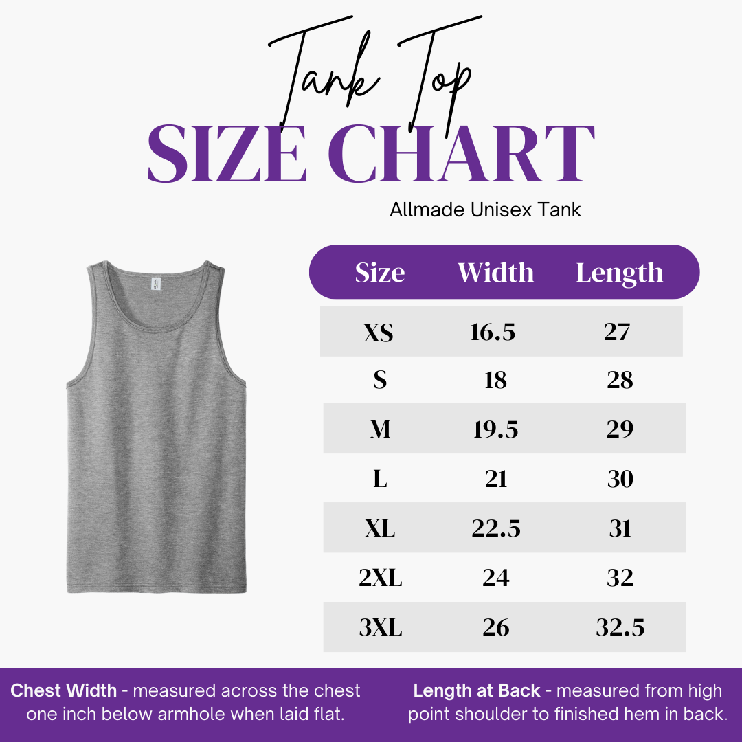 Y'all Means All Top size chart by RainBee Designs LLC covers sizes XS–3XL with chest width and length in inches. Gray unisex tank image appears on the left; sizing details and definitions are shown on the right.