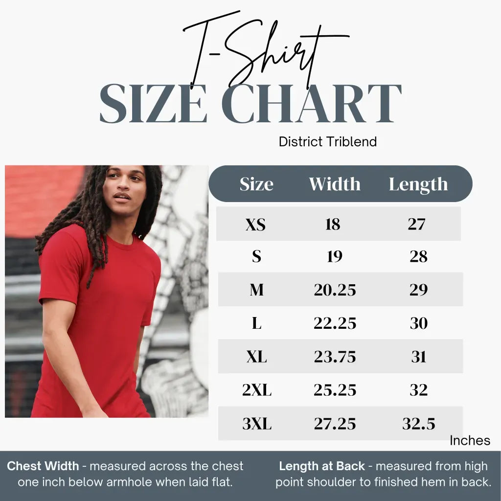 District Triblend size chart for XS through 3XL next to a photo of a person wearing a Fuchsia Frost Feminist is My Second Favorite F-Word T-Shirt.
