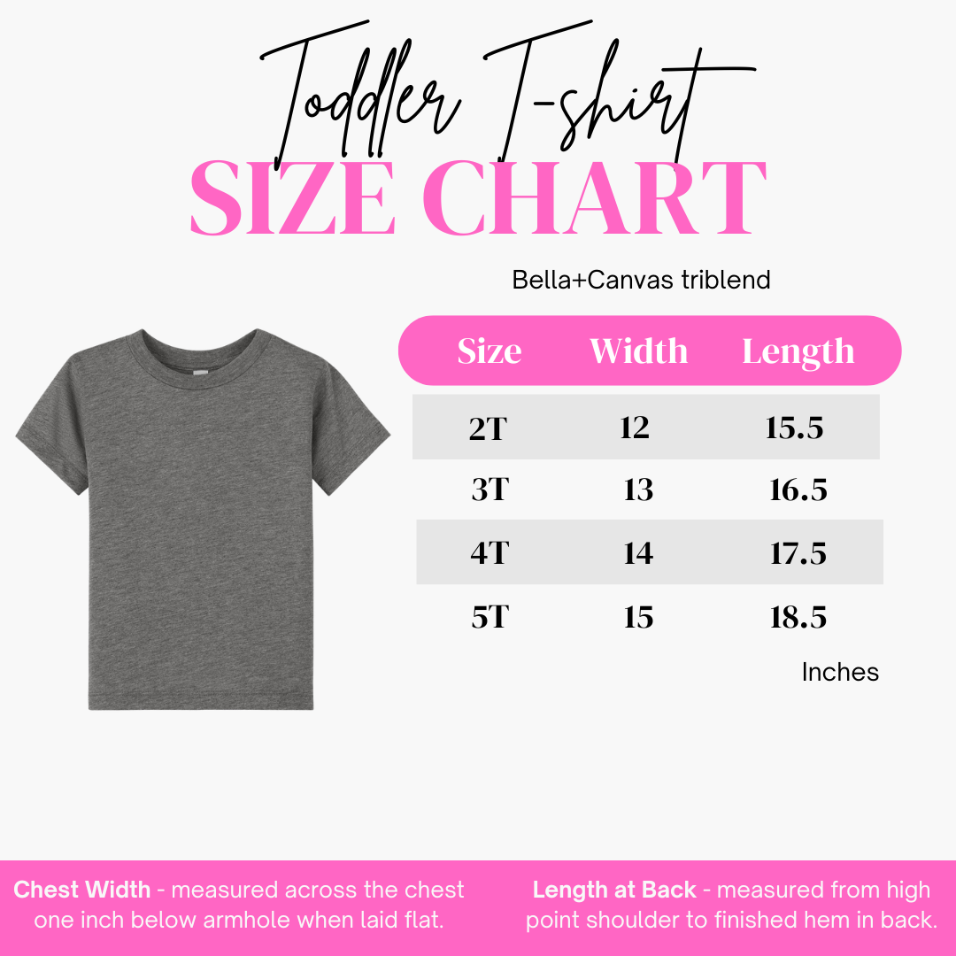 RainBee Designs LLC Bernese Mountain Dog (Berner) Toddler T-shirt size chart displays sizes from 2T to 5T with chest width and length measurements in inches, including explanations for how each measurement is taken. The chart, featuring an image of the gray tee, helps you find the perfect fit for our ultra-soft Berner toddler t-shirt!.