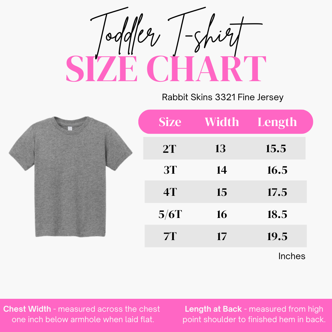 RainBee Designs LLC’s Future Activist Toddler Shirt size chart features a grey T-shirt image and details sizes from 2T to 7T, with widths ranging from 13 to 17 inches and lengths from 15.5 to 19.5 inches. Measurement instructions are provided below the chart—ideal for parents shopping for kids’ graphic tees or adding a statement piece to their children’s activist wear collection.