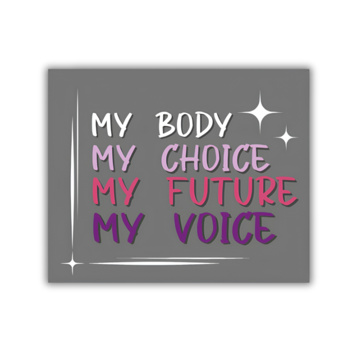 A rectangular gray sign or poster with the phrase 'MY BODY MY CHOICE MY FUTURE MY VOICE' in stylized white, pink, and purple lettering, plus small white sparkle graphics, shown on a light gray background.