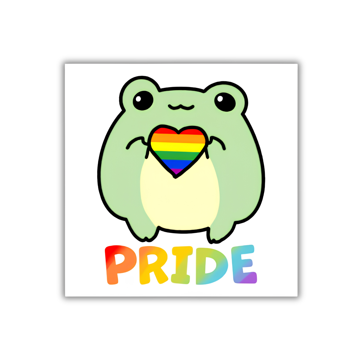 A square sticker or print featuring a cute light green frog holding a rainbow-striped heart, with the word "PRIDE" in rainbow letters below on a white background.