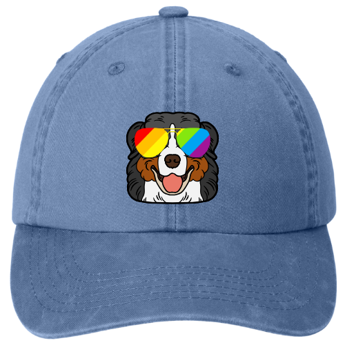 The Garment Washed Dad Hat - Berner by RainBee Designs LLC features a blue cotton design with a cartoon Bernese Mountain Dog in rainbow sunglasses and a happy expression.