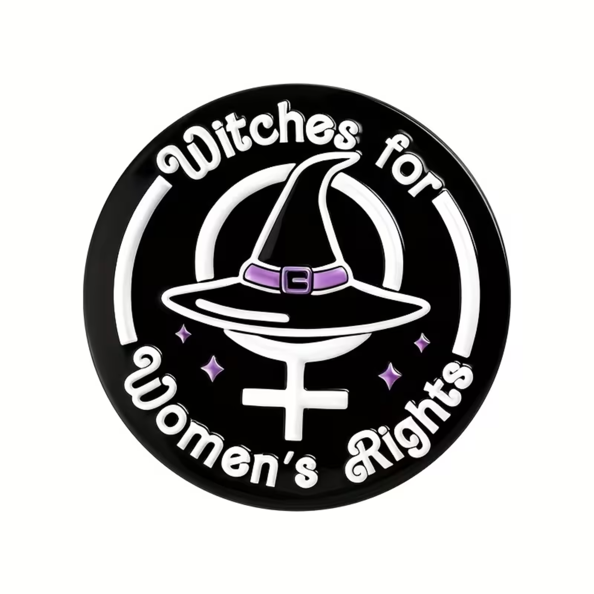 Show your support for women’s rights with the Witches For Women’s Rights Pin by RainBee Designs LLC. This round enamel accessory features the phrase “Witches for Women’s Rights” encircling a witch hat atop a women’s symbol, beautifully accented with purple stars. It’s the perfect feminist pin to proudly display your beliefs.
