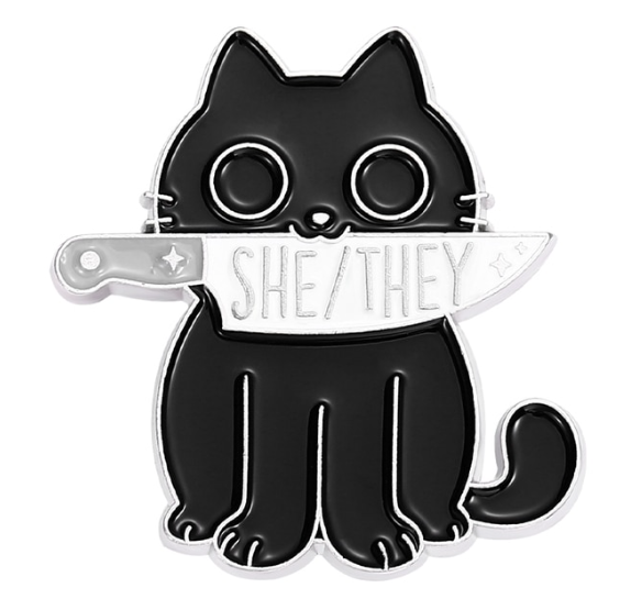 Kitty With a Knife Pronoun Pin