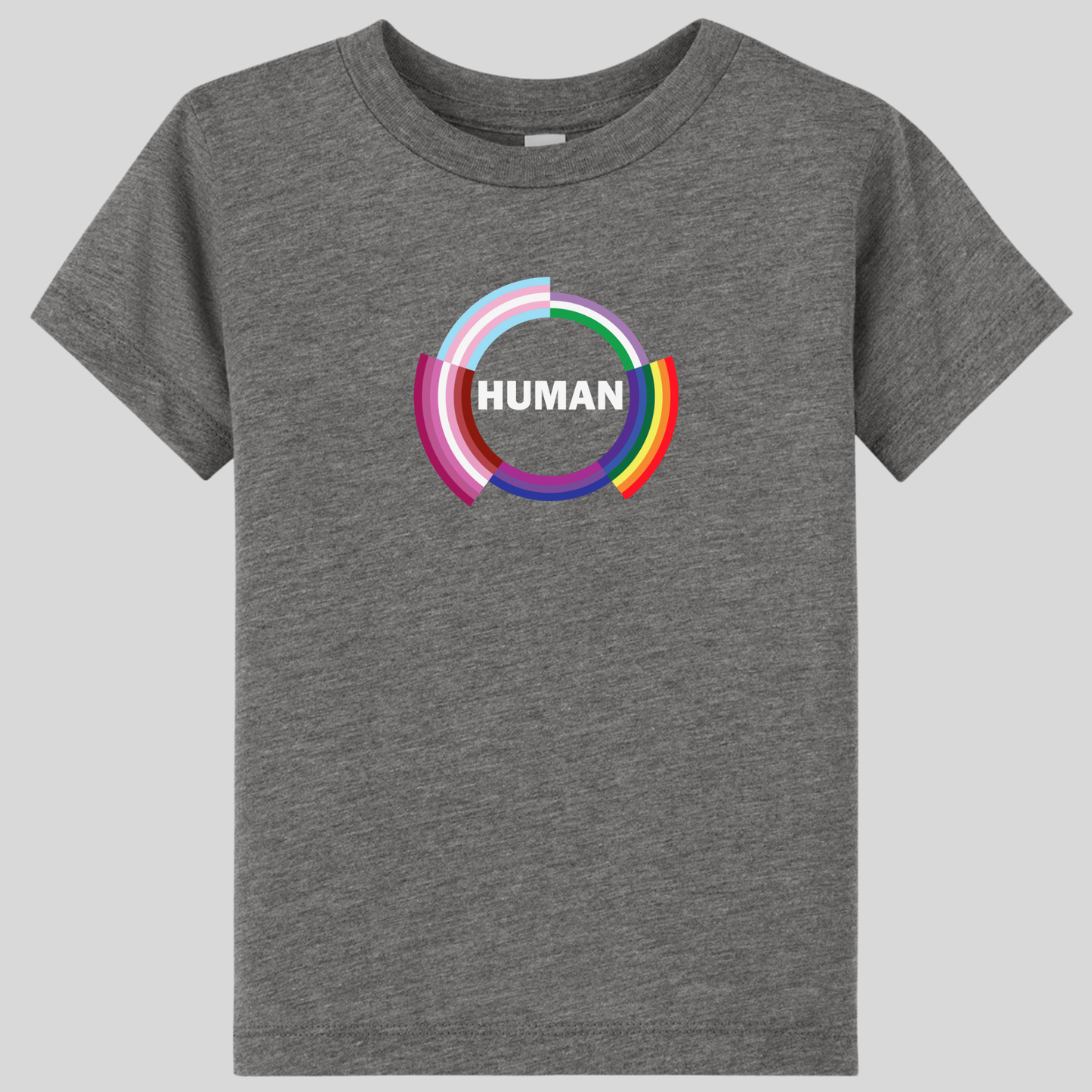 Introducing the Human Toddler T-shirt by RainBee Designs LLC—a gray, ultra-soft crewneck tee featuring “HUMAN” in bold white letters, centered within a vibrant circular design that showcases segments inspired by multiple pride flag colors. Made from premium combed ring spun cotton, this shirt combines exceptional comfort with playful style for your little one.