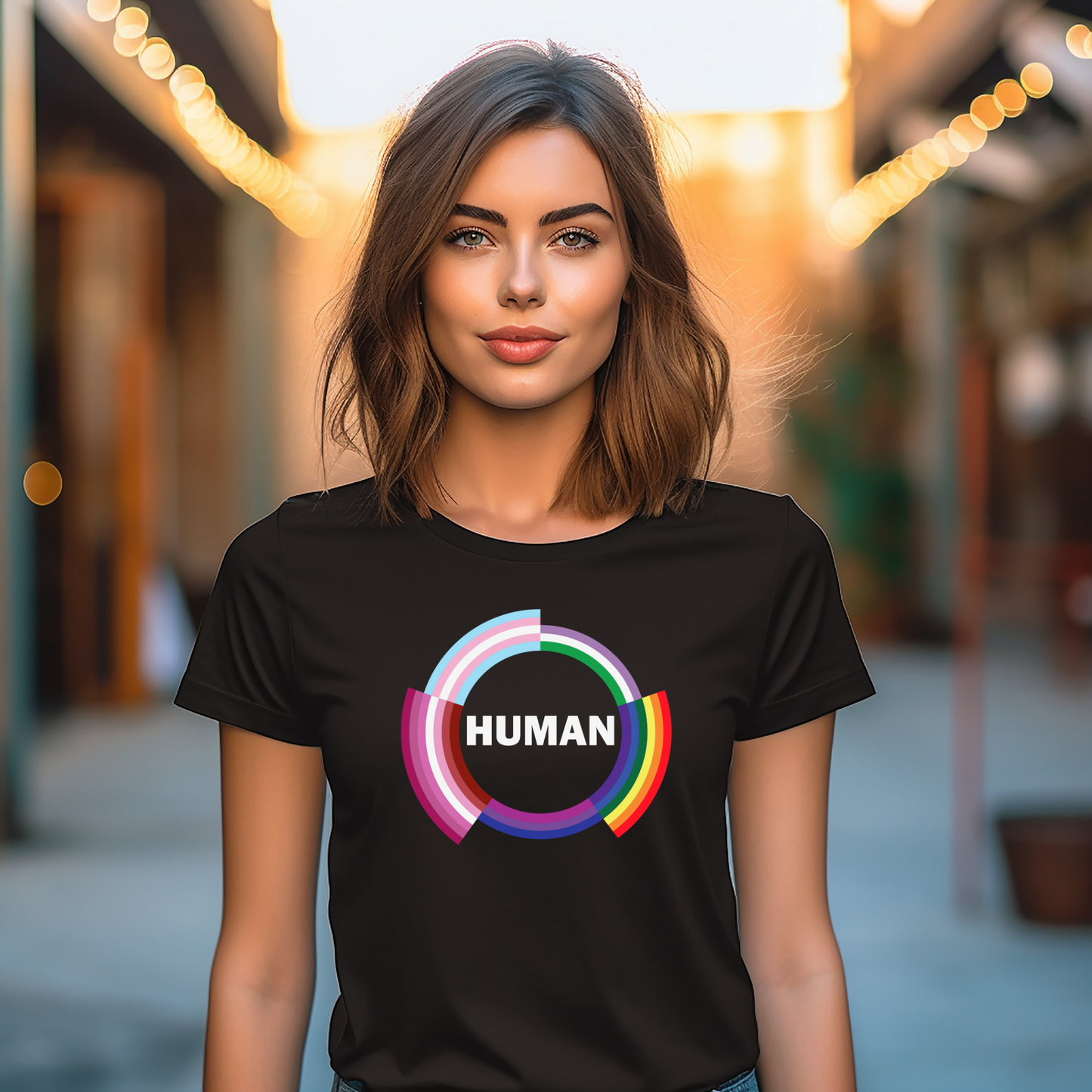 A woman stands outdoors at sunset, wearing the RainBee Designs LLC HUMAN Pride Top—a black heather crew neck tee featuring the word "HUMAN" inside a vibrant circular graphic. Part of our exclusive Pride Collection, this soft tri-blend shirt is perfect for celebrating individuality. String lights and blurred buildings appear in the background.
