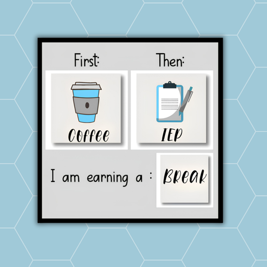 A framed educational or motivational sign with a black frame and a light gray background, featuring illustrated cards that say 'First: Coffee,' 'Then: IEP,' and 'I am earning a : BREAK.' The sign is centered on a light blue hexagonal patterned background.