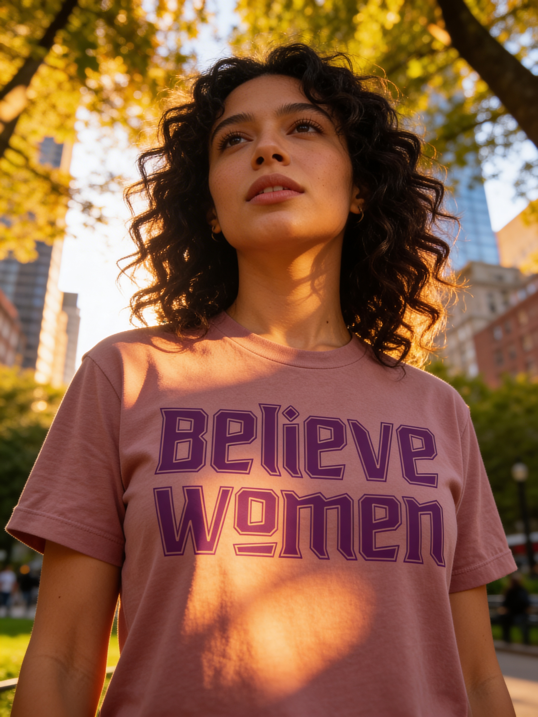 A confident woman with curly hair stands in a sunlit city park wearing the Believe Women Shirt by RainBee Designs LLC—a bold feminist statement.