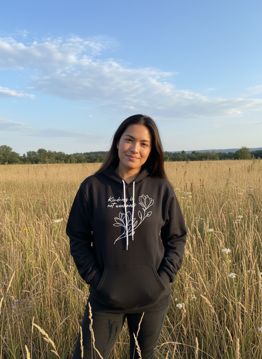 A woman with long dark hair stands in tall grass beneath a blue sky, wearing the "Kindness is Not Weakness" hoodie by RainBee Designs LLC, featuring a white floral design and text on the front, and smiles softly at the camera.