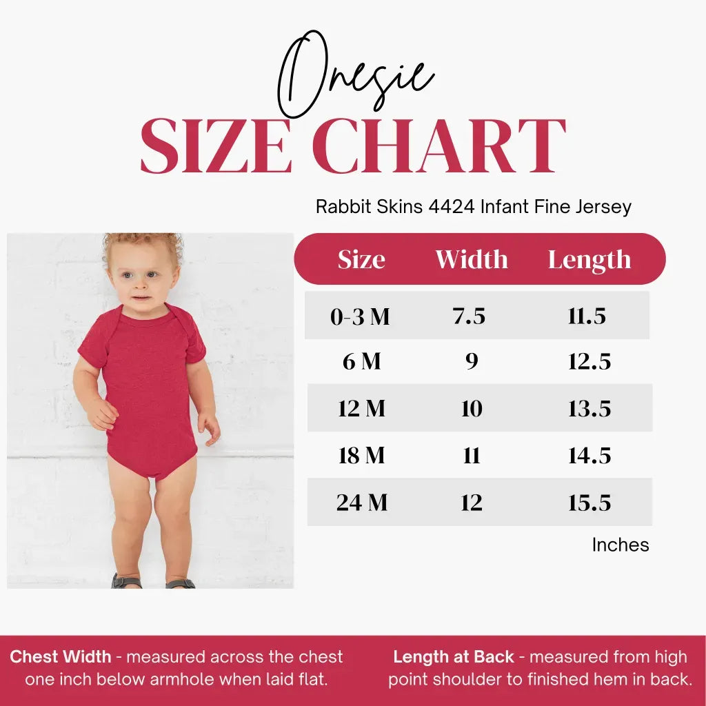Size chart for the Feminist Infant Onesie, listing width and length measurements in inches for sizes ranging from 0-3 months to 24 months.