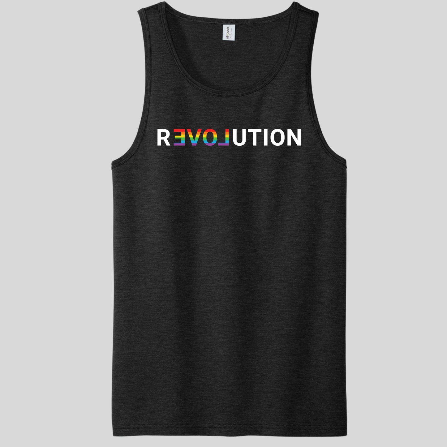 Introducing the Revolution Tank Top by RainBee Designs LLC—a black sustainable tank top featuring the word "REVOLUTION." The letters "V" and "O" are designed in rainbow stripes, while the remaining text is in white.