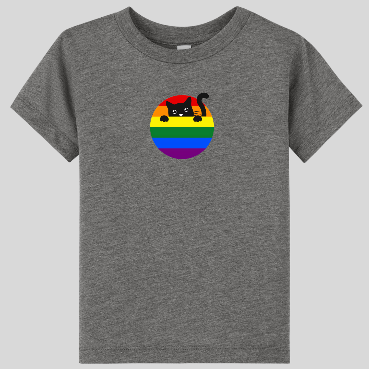 The RainBee Designs LLC Cat Toddler T-shirt is an ultra-soft gray tee for kids, showcasing a playful black cartoon cat peeking over a rainbow-striped circle at the chest—an ideal whimsical rainbow shirt for toddlers.