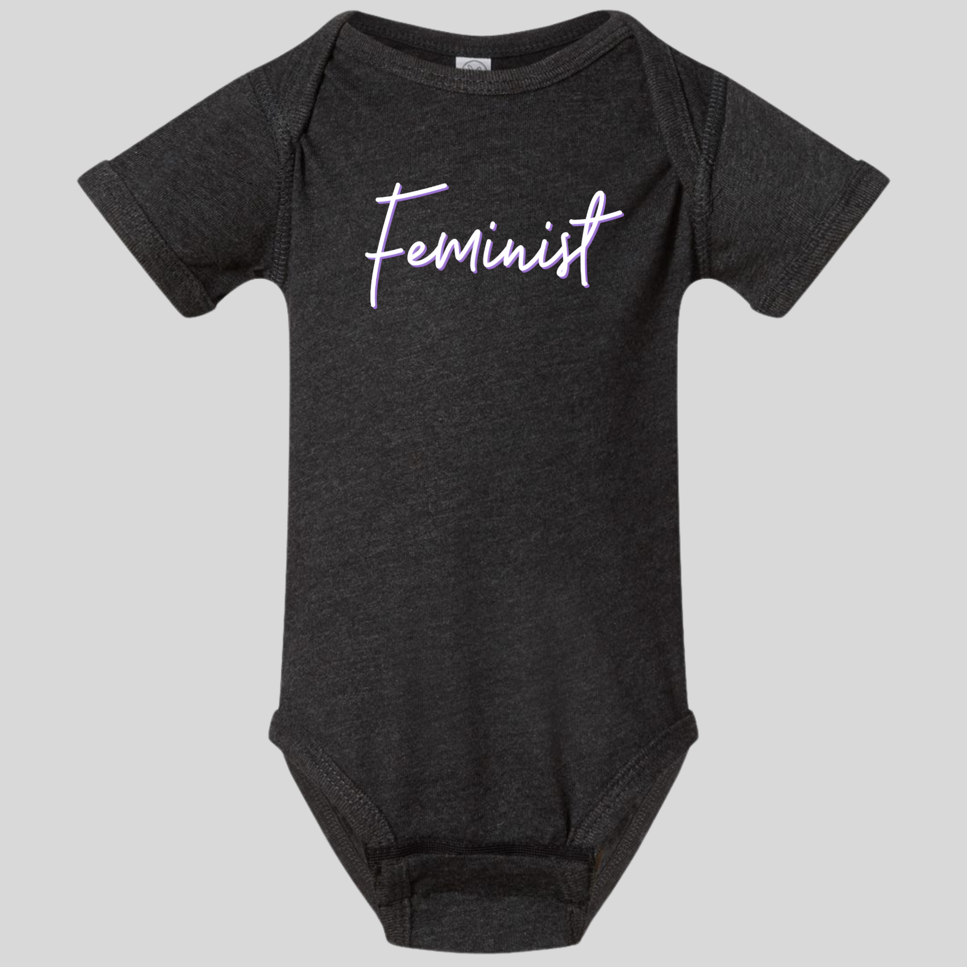 Dress your little one in the Feminist Infant Onesie by RainBee Designs LLC—this charcoal gray, short-sleeve baby bodysuit features "Feminist" in white script across the chest, making it the perfect feminist baby outfit for supporting equality from day one.