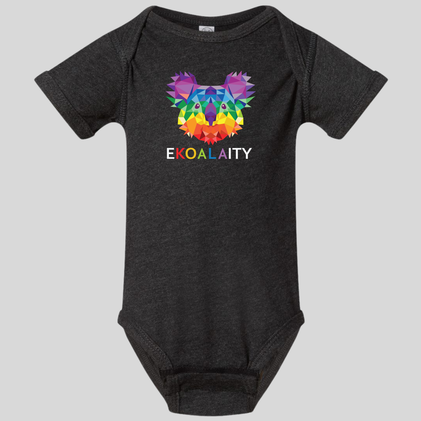 The RainBee Designs LLC EKOALAITY Infant Onesie features a striking black design with a vibrant geometric koala face above the word "EKOALAITY", where "KOALA" is highlighted in rainbow colors. This adorable baby bodysuit offers an eco-friendly clothing option for infants, combining style and comfort without compromise.