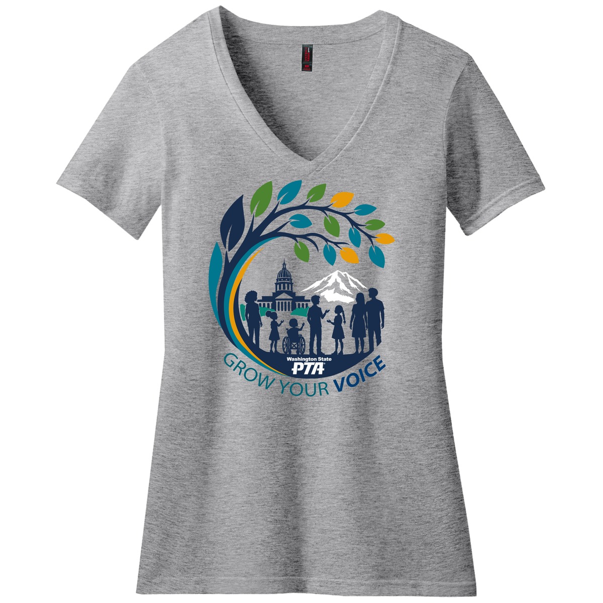 Gray unisex WSPTA T-Shirt Legislative Assembly 2026 V-neck featuring a graphic of a group of people, a capitol building, and a mountain framed by a stylized tree, with the text Grow Your Voice and Washington State PTA.