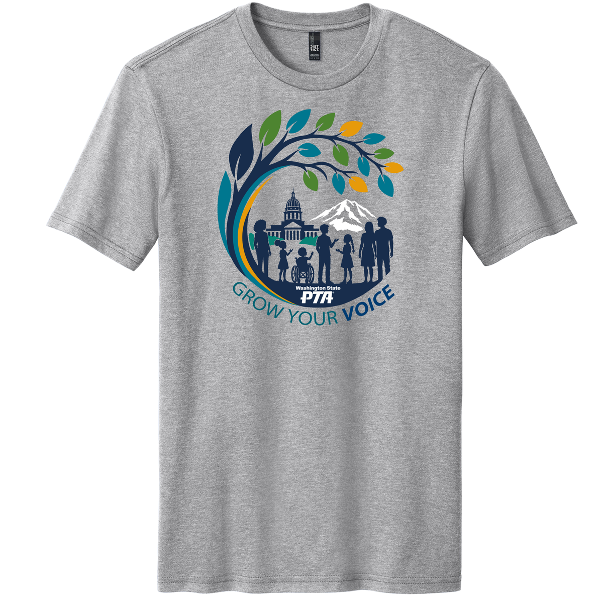 Gray unisex short sleeve WSPTA T-Shirt Legislative Assembly 2026 featuring a circular graphic of a tree, a capitol building, a mountain, a group of people, and the text Washington State PTA and GROW YOUR VOICE.