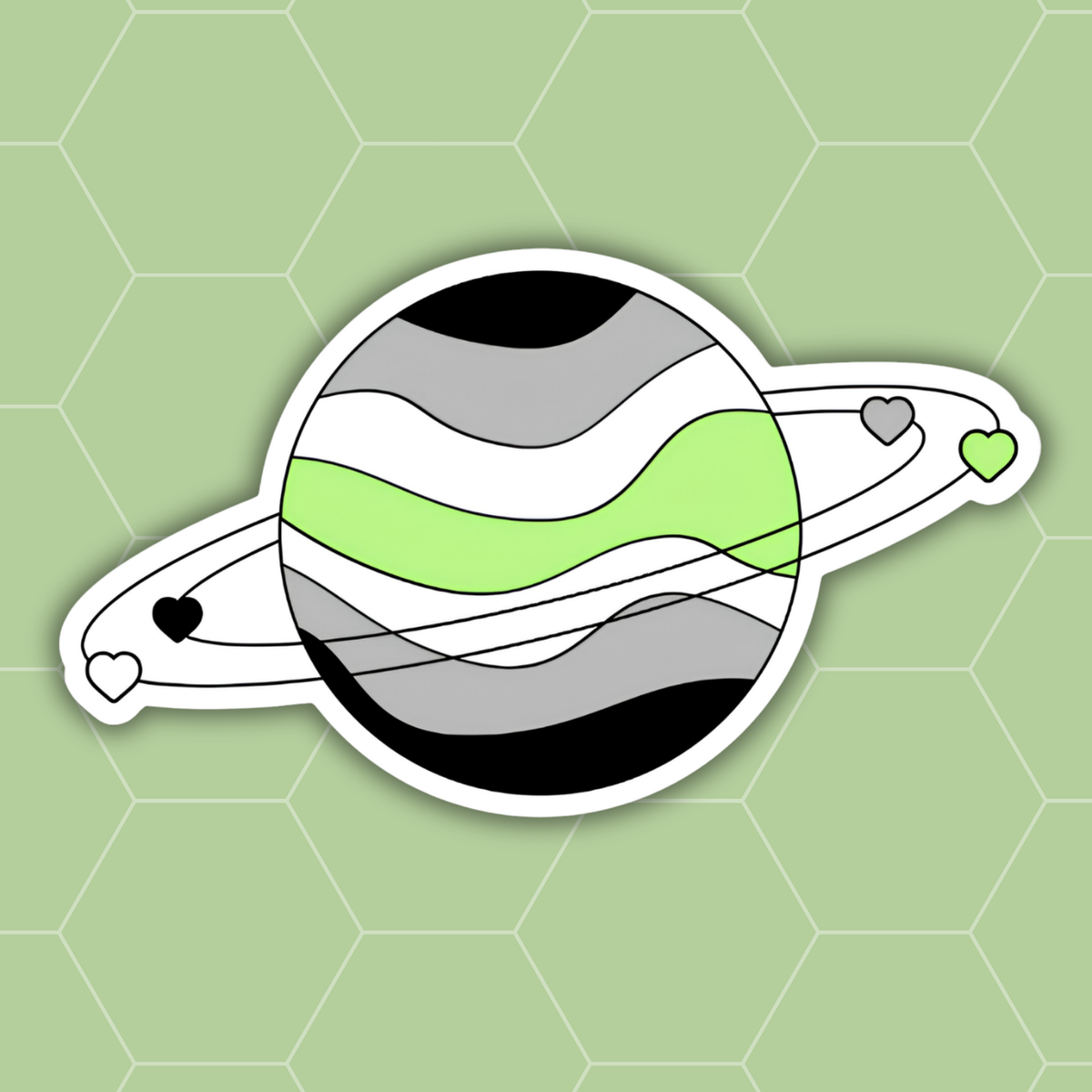 A stylized planet sticker with wavy stripes in black, gray, white, and light green, plus orbiting hearts, shown on a pale green hexagonal background.