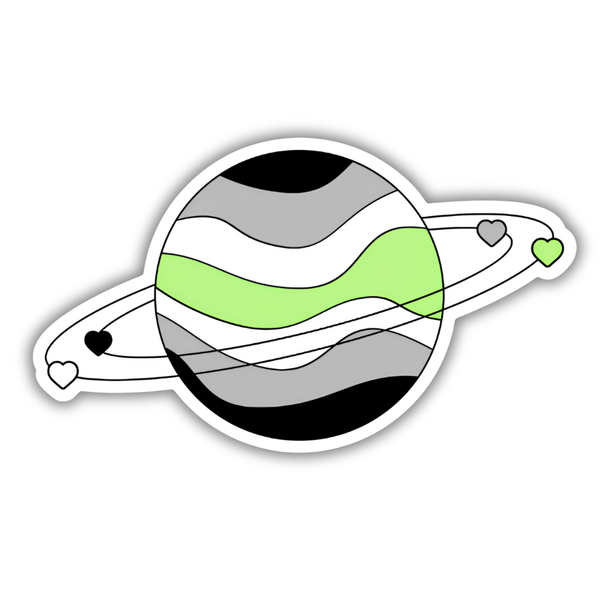 A stylized planet sticker with wavy horizontal stripes in black, gray, white, and light green, plus orbiting hearts in black, white, gray, and green, shown on a plain white background.