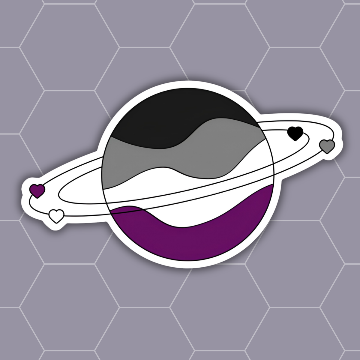 A die-cut vinyl sticker of a stylized ringed planet, featuring the black, gray, white, and purple stripes of the bisexual pride flag with small heart accents on the ring, shown against a gray hexagonal patterned background.
