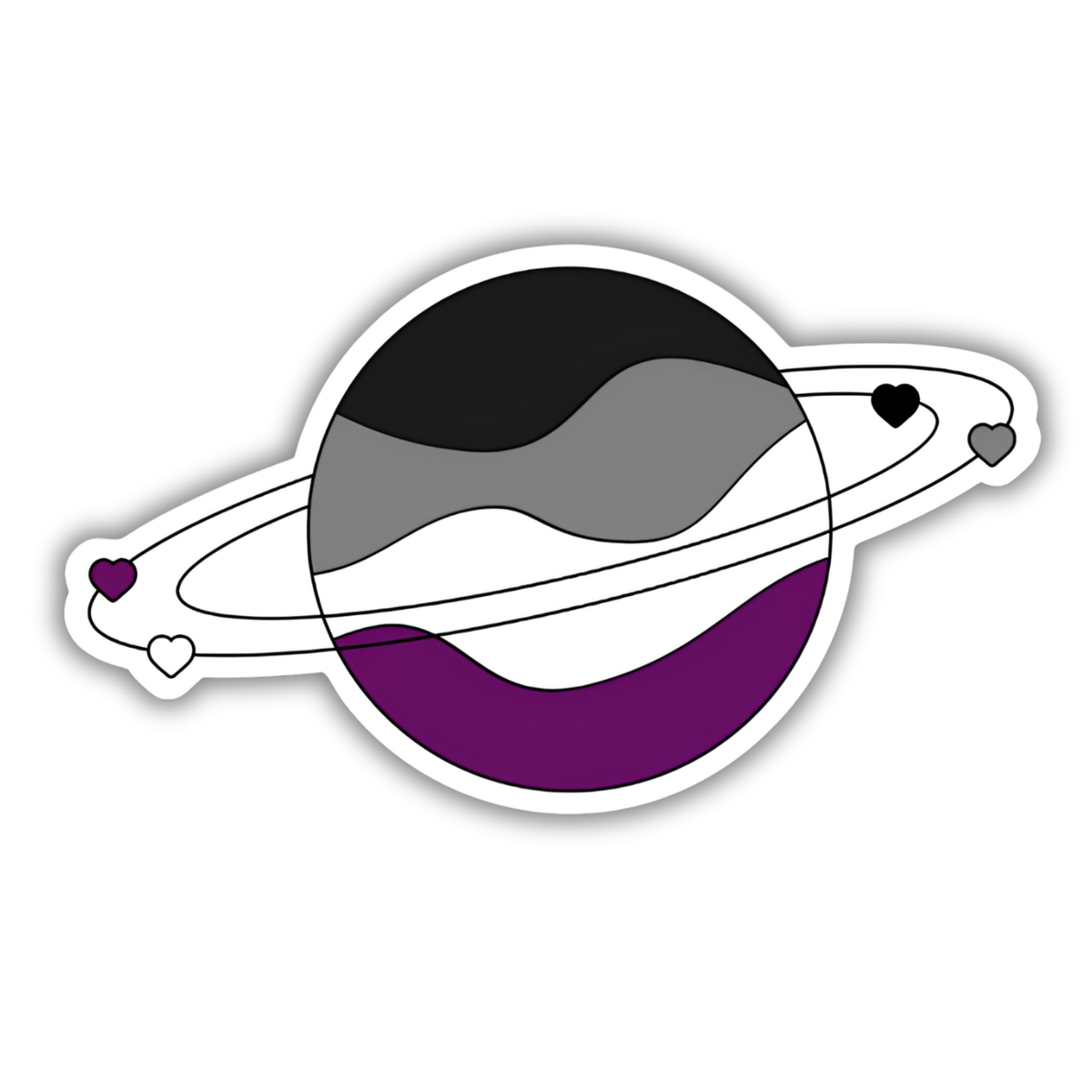 A stylized planet sticker with wavy black, gray, white, and purple bands and orbiting rings with small heart-shaped moons, shown on a plain white background.