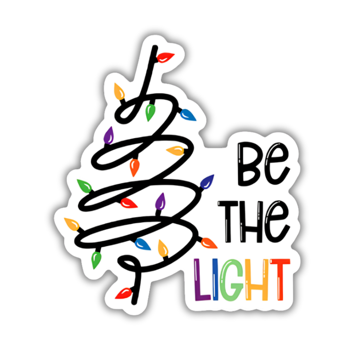 Introducing the Be The Light Sticker from RainBee Designs LLC—a festive holiday vinyl sticker featuring a Christmas tree-shaped black swirl adorned with colorful lights, next to the phrase “Be the Light,” with “LIGHT” displayed in vibrant rainbow colors. This cheerful sticker makes a perfect stocking stuffer or seasonal gift!.