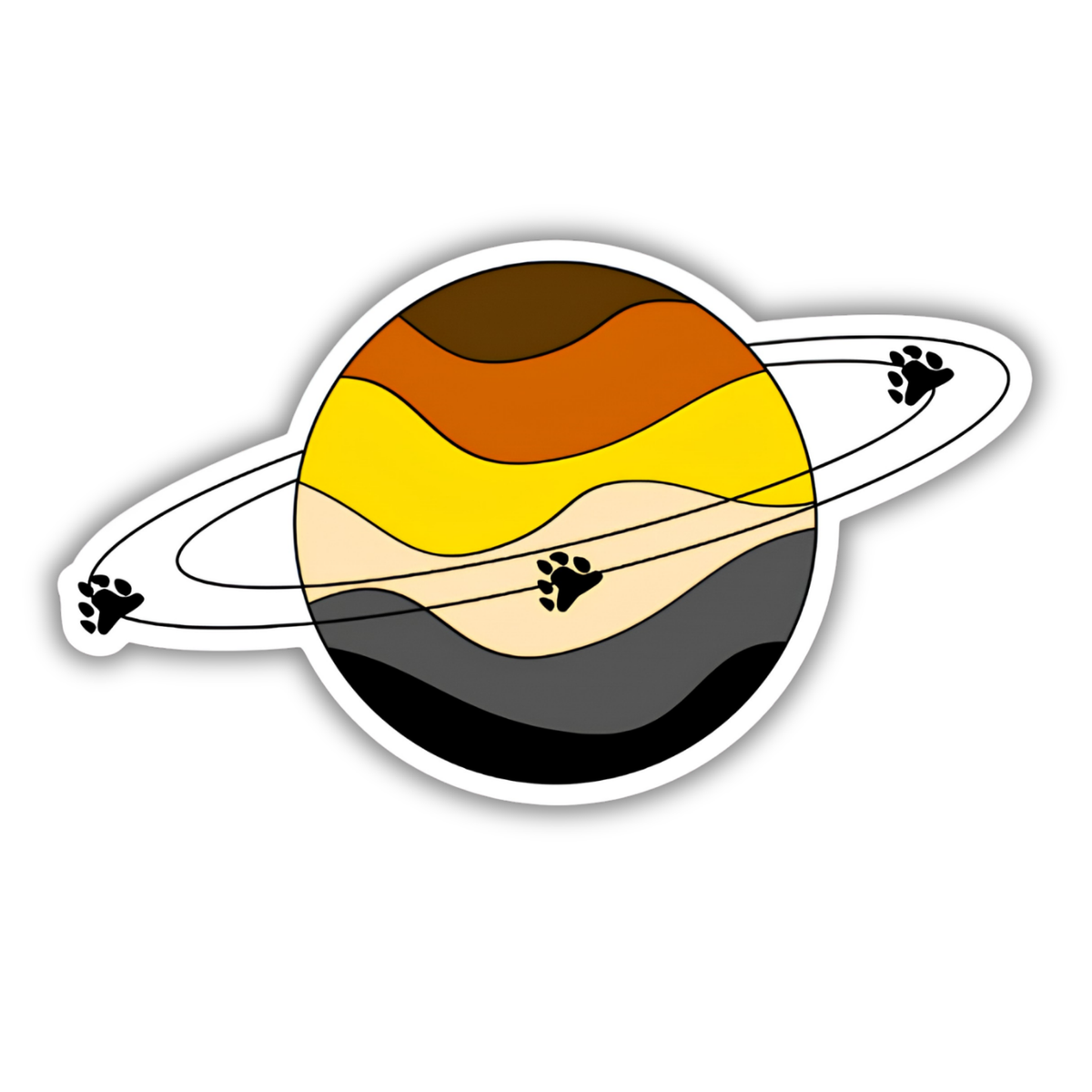 A die-cut vinyl sticker featuring a stylized planet with wavy horizontal bands in brown, orange, yellow, cream, dark gray, and black, surrounded by a ring and small black paw prints, shown on a plain white background.