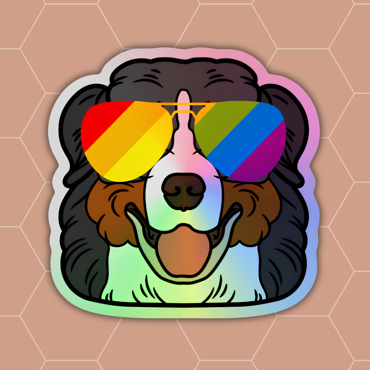 A die-cut sticker featuring a cartoon dog with black fur and rainbow aviator sunglasses, shown on a peach hexagonal background.