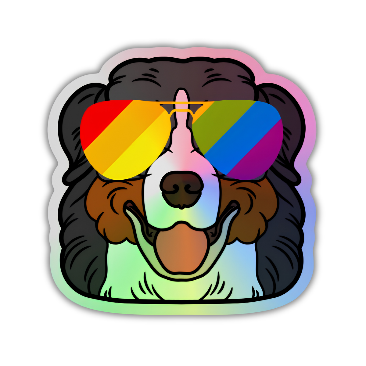 A die-cut sticker featuring a cartoon dog face with dark fur and rainbow gradient aviator sunglasses, shown on a plain white background.