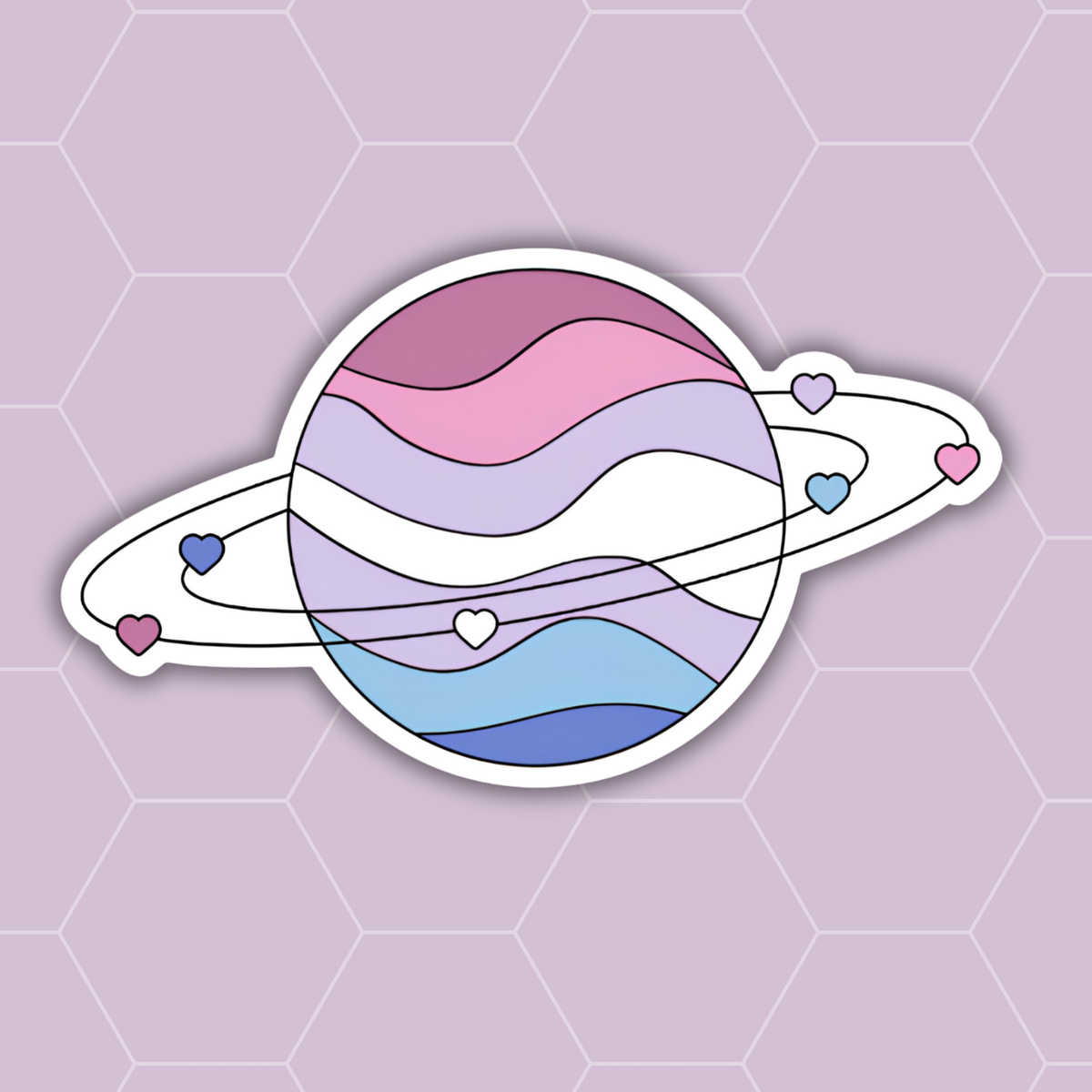 A die-cut vinyl sticker of a stylized Saturn-like planet with wavy pastel stripes in pink, lavender, white, light blue, and dark blue, plus orbit rings and small hearts, shown on a lavender hexagonal background.