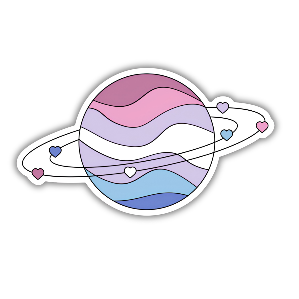 A die-cut vinyl sticker of a stylized planet resembling Saturn, decorated with the bigender pride flag colors in wavy stripes and small heart-shaped moons in pink, blue, and white, shown on a plain white background.