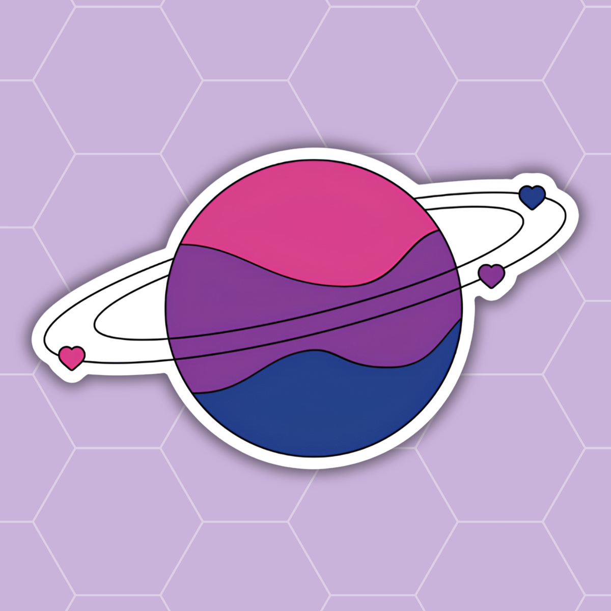 A die-cut vinyl sticker of a stylized planet with pink, purple, and blue wavy stripes and a ring, shown on a lavender hexagonal patterned background.