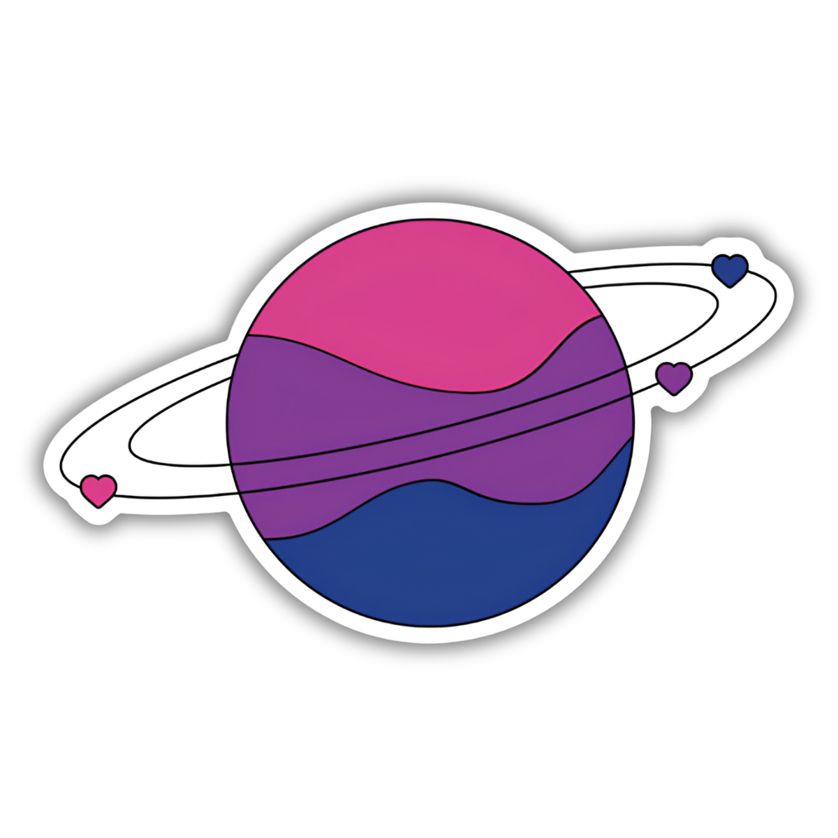 A die-cut vinyl sticker featuring a stylized planet with wavy pink, purple, and blue bands, resembling a Saturn-like ringed planet, on a plain white background.