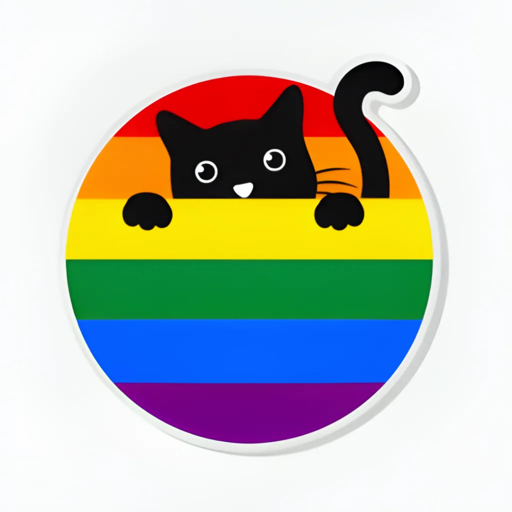 The Acrylic Cat Pin by RainBee Designs LLC features a cute black cat peeking over a circular rainbow-striped LGBTQ+ pride flag—an adorable accessory or pride pin for any collection.