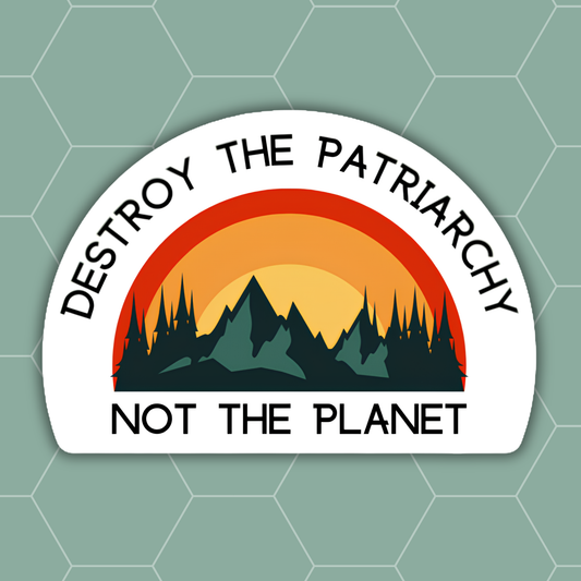 A die-cut sticker with a white border featuring the text 'DESTROY THE PATRIARCHY NOT THE PLANET' in black around a stylized sunset and mountain landscape graphic in orange, yellow, and dark green, shown on a muted green hexagonal background.