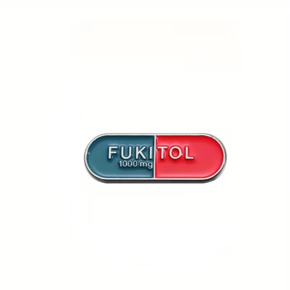 A capsule-shaped pill labeled 'FUKITOL 1000 mg' with a split color design: the left half is teal-blue and the right half is red, outlined with a thin metallic silver border on a plain white background.