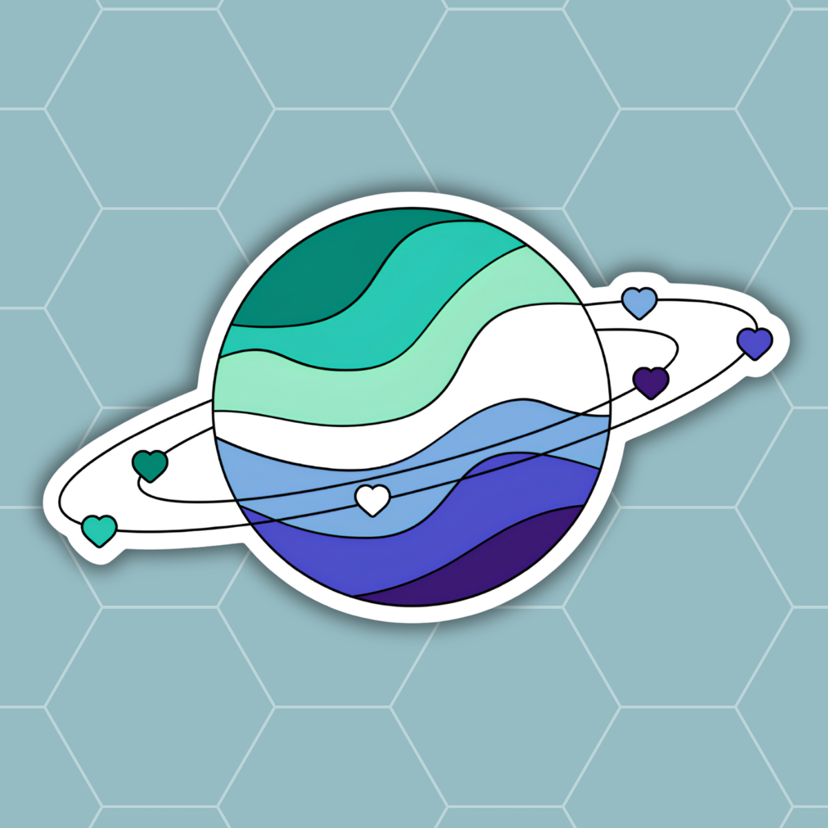 A die-cut sticker featuring a stylized planet with wavy stripes in teal, green, white, light blue, medium blue, and purple, with small heart-shaped rings around it, shown on a light blue hexagonal patterned background.