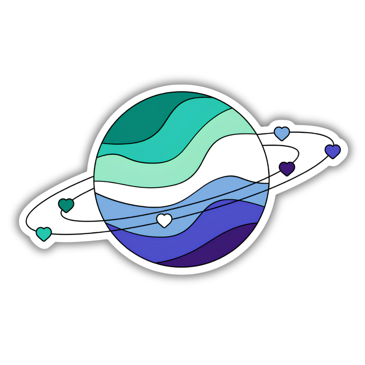 A die-cut sticker featuring a stylized planet with wavy horizontal bands in teal, green, light green, blue, navy, and purple, with small heart-shaped rings around it, shown on a plain white background.
