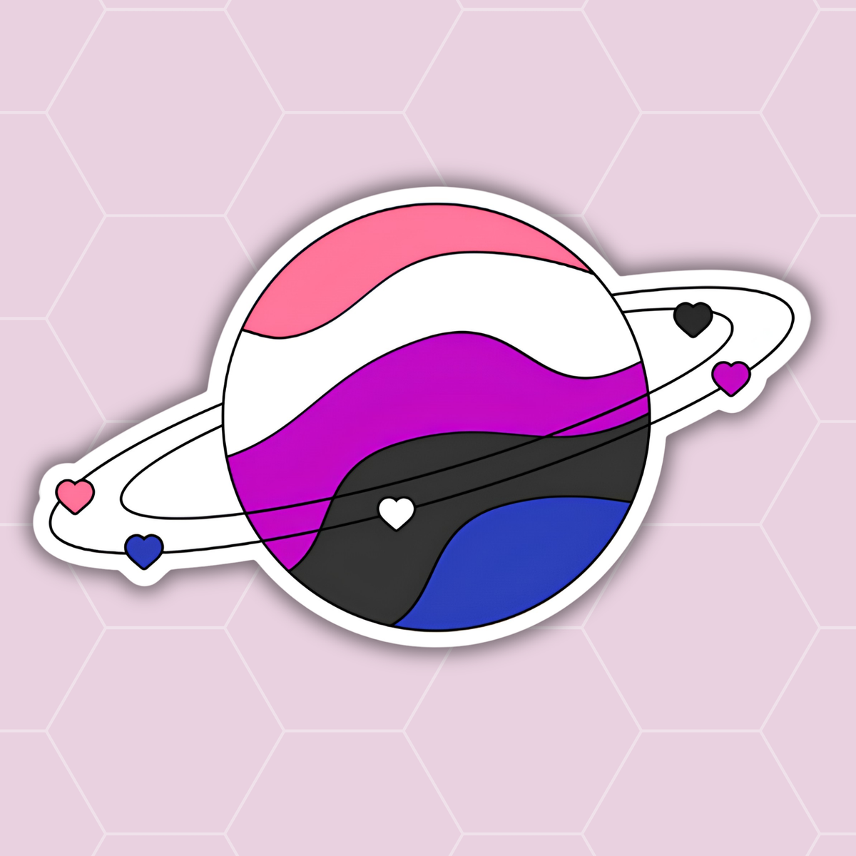 A die-cut sticker of a ringed planet styled like Saturn, featuring the genderfluid pride flag colors: pink, white, purple, black, and blue. The sticker is centered on a light pink background with a subtle hexagonal pattern.