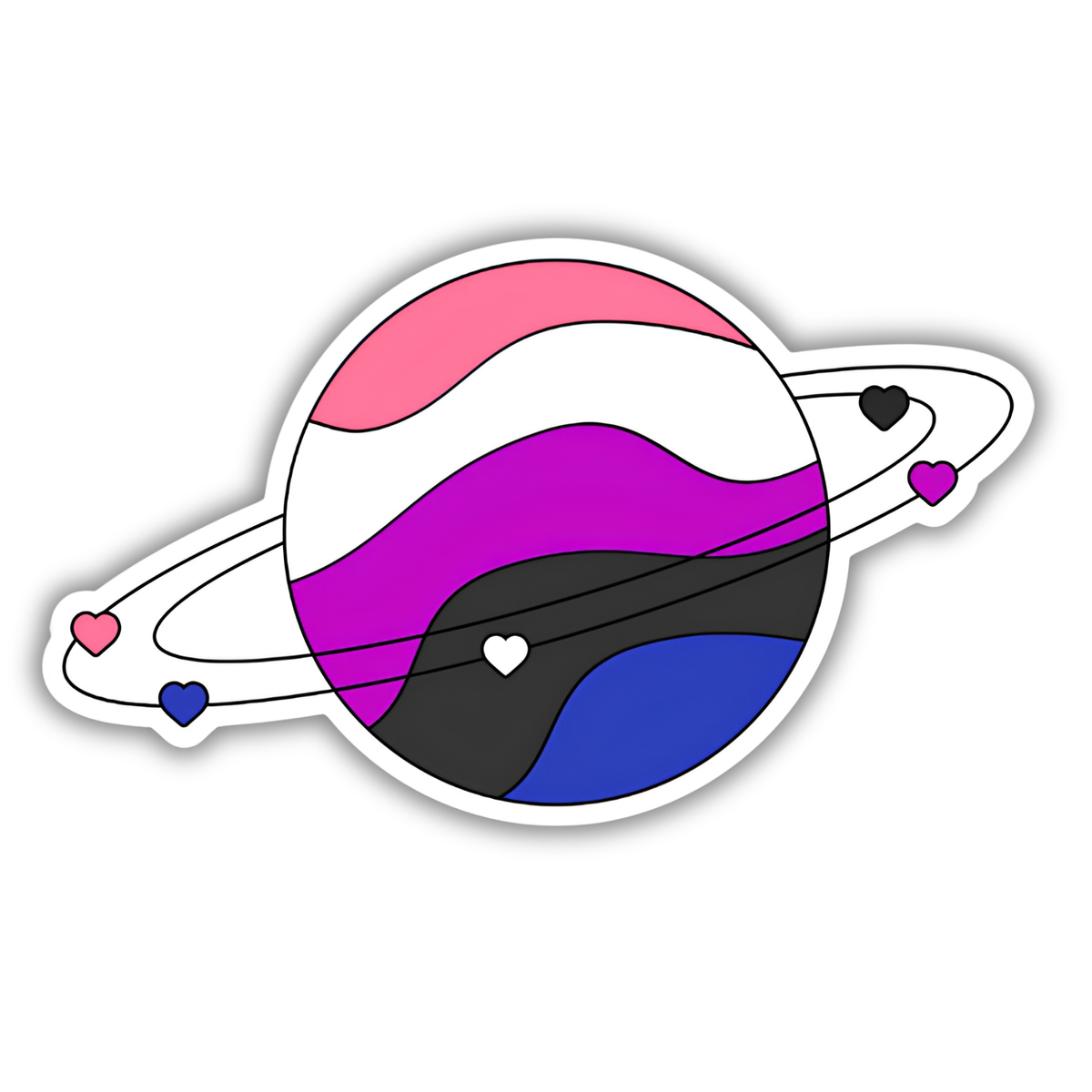 A die-cut vinyl sticker of a Saturn-like planet with a striped genderfluid pride flag design and small heart moons on a white background.