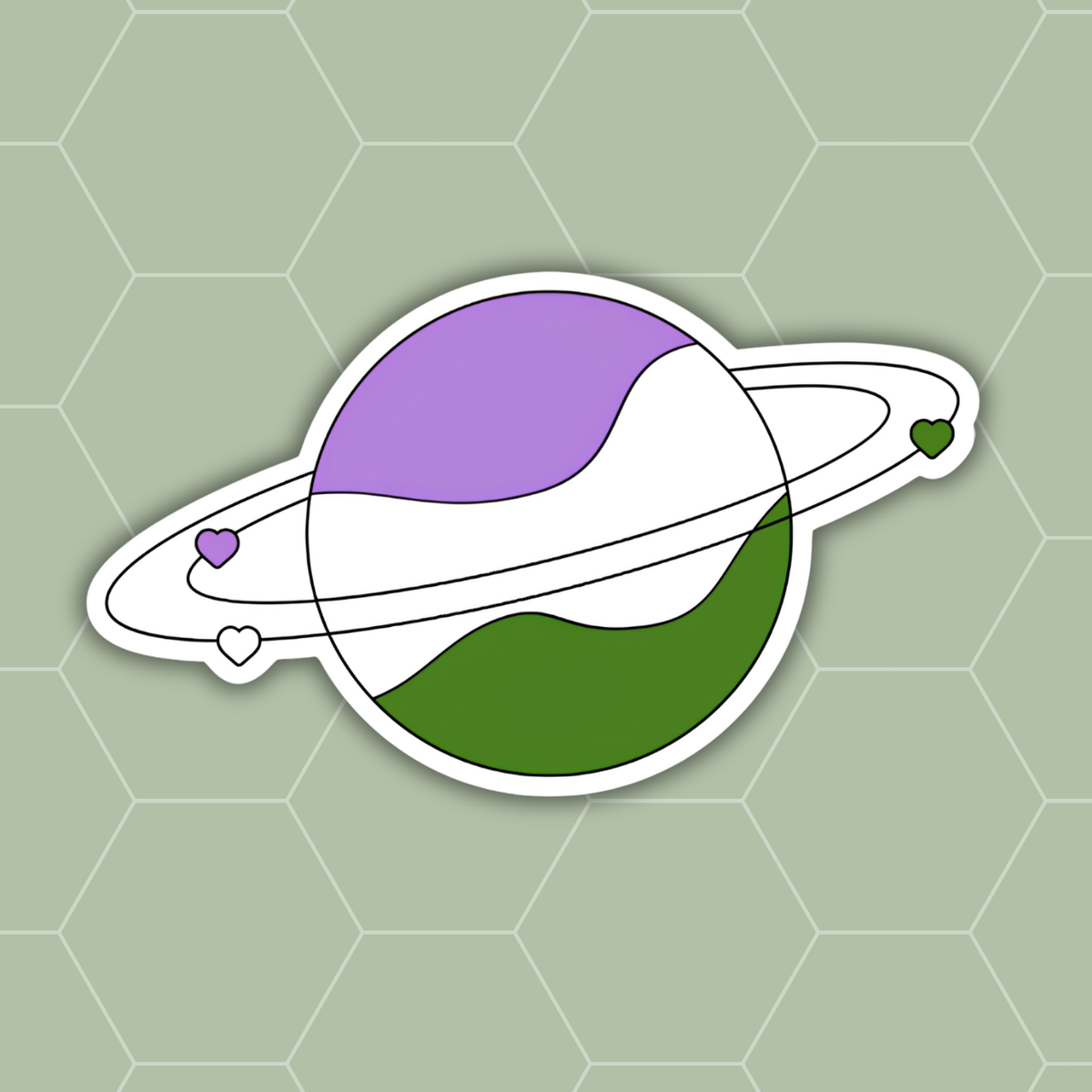 A die-cut sticker featuring a stylized planet with a purple, white, and green color scheme and small orbiting hearts, shown on a pale green hexagonal background.