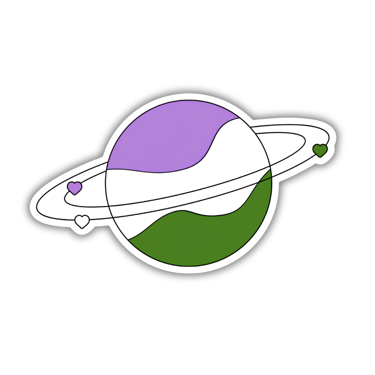 A die-cut vinyl sticker of a stylized planet with a purple, white, and green color scheme, representing the genderqueer pride flag, on a plain white background.