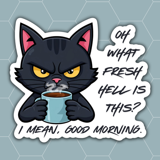 A die-cut cartoon sticker of an angry black cat holding a mug, with the text 'OH WHAT FRESH HELL IS THIS? I MEAN, GOOD MORNING.' on a light blue-gray hexagonal background.