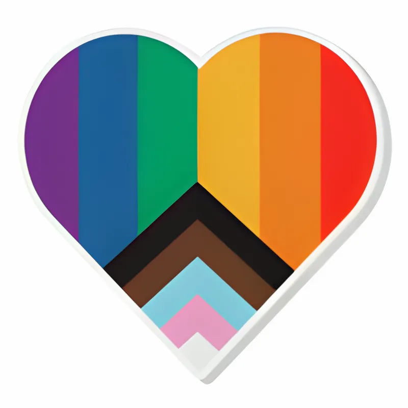 Show your pride with the Acrylic Pride Heart Pin by RainBee Designs LLC—features rainbow stripes and chevrons in black, brown, light blue, pink, and white to represent LGBTQ+ and transgender pride.