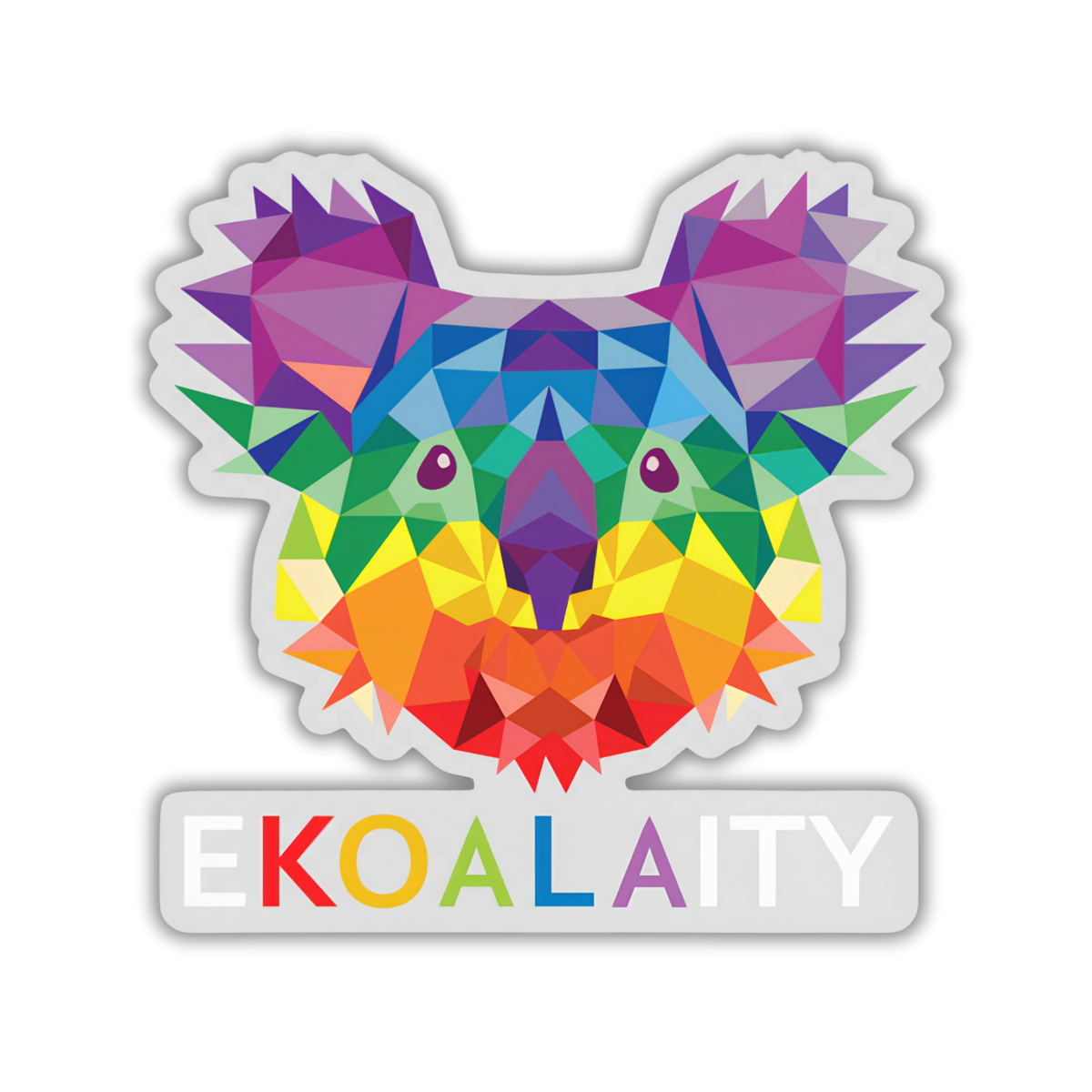A die-cut sticker featuring a colorful geometric koala face above the word "EKOALAITY" in rainbow letters, shown on a plain white background.