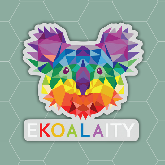 A die-cut sticker featuring a colorful low-poly koala head above the word 'EKOALAITY' in rainbow letters, shown on a muted green hexagonal background.