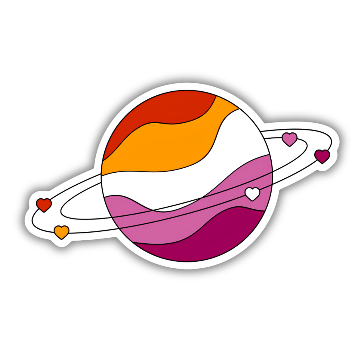 A die-cut vinyl sticker of a stylized planet with wavy horizontal stripes in red, orange, white, pink, and purple, featuring a thin ring with small heart-shaped moons in red, orange, and purple, shown on a plain white background.