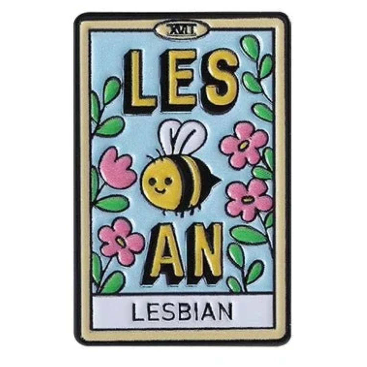A rectangular embroidered patch with a light blue background, featuring the words “LES" with a smiling cartoon bee between the letters "AN" in large yellow letters and pink flowers, green leaves, and a black border. The letters “XVT” appear at the top. The word "LESBIAN" appears at the bottom. 